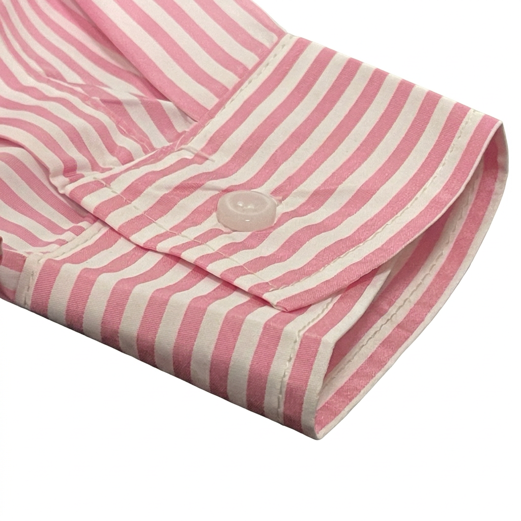 Dettaglio polsino della camicia rosa su sfondo bianco