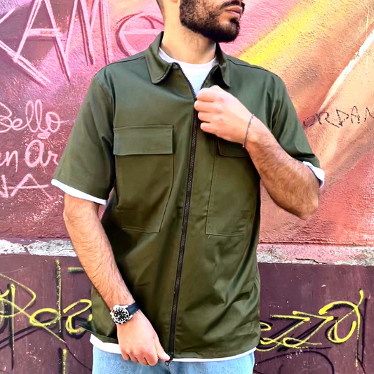 Camicia Corta con zip Military Green